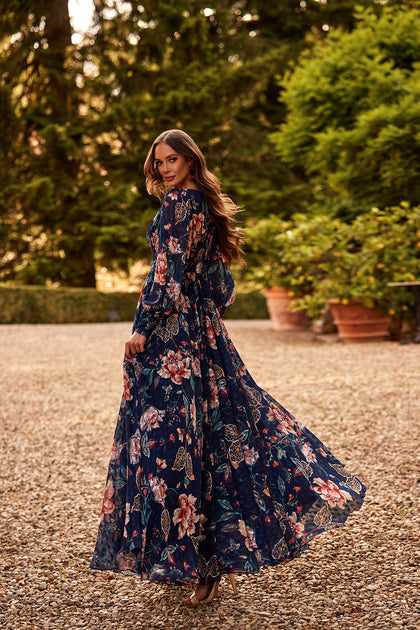 Długa klasyczna wieczorowa sukienka Verona z kwiatowym nadrukiem od DAMA Couture (tył)