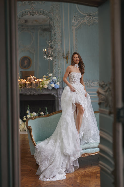 Barbarella wedding dress – A-line bridal gown with a strapless sculpted bodice and floral lace skirt.