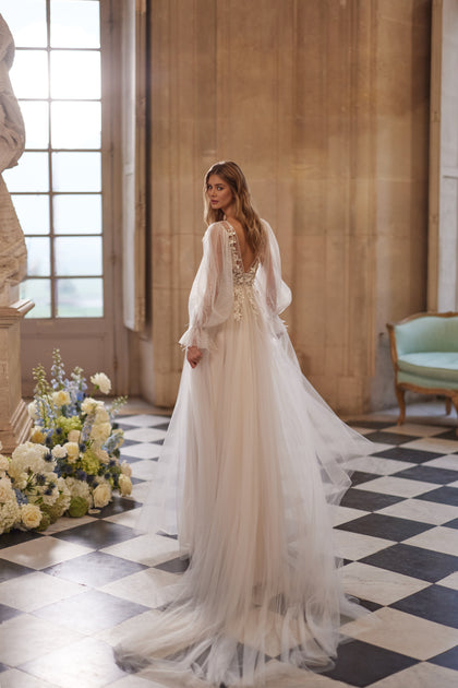 Blair wedding dress – a sheer floral bodice and airy voluminous sleeves, DAMA Couture Something Blue 2027.