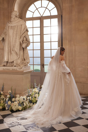 Celestine veil - soft tulle veil framing the shoulders, worn with the Celestine wedding dress.