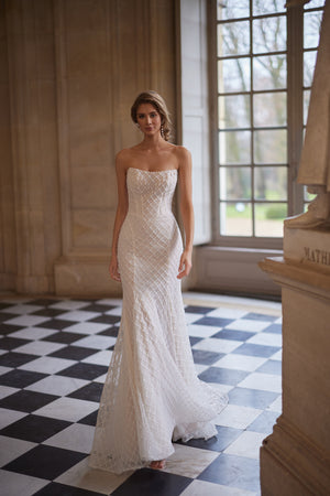 Chanin wedding dress – mermaid bridal gown with a clean strapless neckline and beaded fitted silhouette.