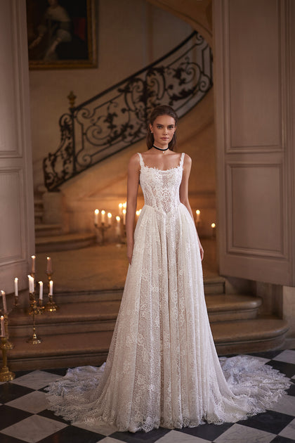 Chantira wedding dress – A-line bridal gown with a softly squared neckline and all-over lace skirt.