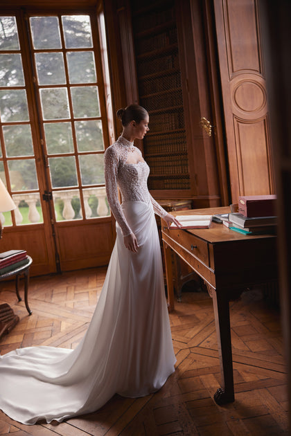 Greta wedding dress – bridal gown with a richly beaded strapless corset and draped satin skirt, DAMA Couture.