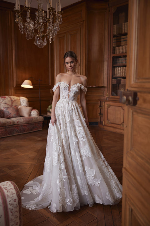 Hydragenea wedding dress – a plunging neckline and off-the-shoulder floral straps.