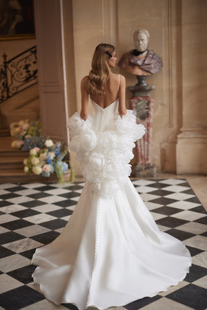Josephin cape – sheer bridal cape with embroidered edges, worn over the Josephin wedding dress.