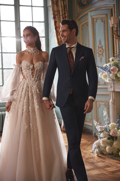 Melusine wedding dress – a strapless botanical lace bodice and detachable tulle sleeves, DAMA Couture Something Blue 2027.