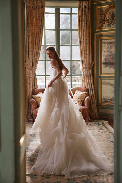 Nerina wedding dress – jewellery-like detailing and off-the-shoulder tulle straps.