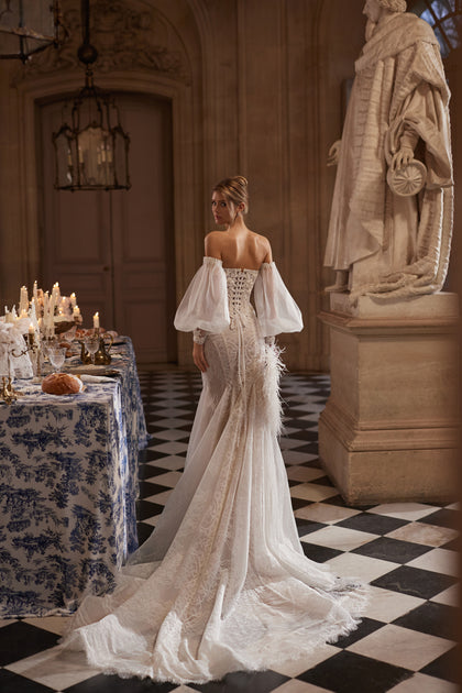 Tara corset + Thea mermaid skirt – a structured Tara corset with off-the-shoulder sleeves and the Thea mermaid skirt, DAMA Couture Something Blue 2027.