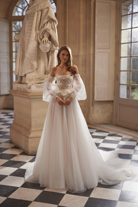 Tara corset + Tilda A-line skirt – A-line bridal gown with a structured Tara corset with off-the-shoulder sleeves and the Tilda A-line skirt.