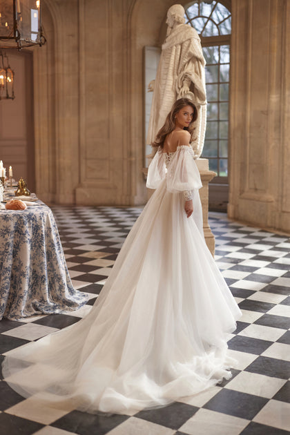 Tara corset + Tilda A-line skirt – a structured Tara corset with off-the-shoulder sleeves and the Tilda A-line skirt.
