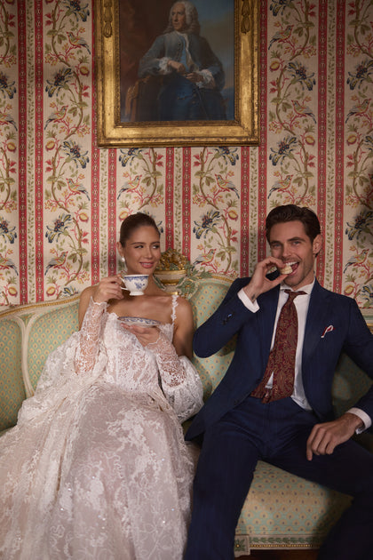 Thetis wedding dress from the Something Blue 2027 collection – sheer corsetry, lace straps and an opulent lace skirt.
