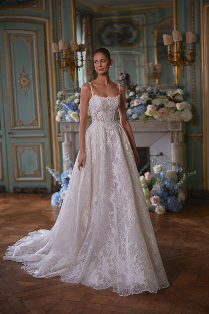 Thetis wedding dress – bridal gown with sheer corsetry, lace straps and an opulent lace skirt, DAMA Couture.