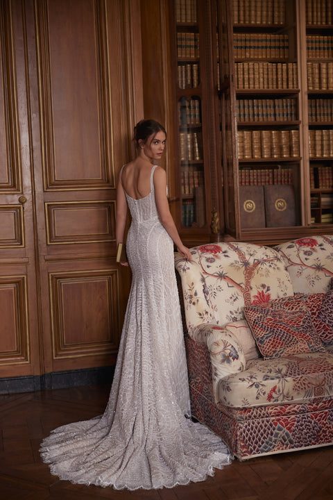 Tissaia wedding dress – mermaid bridal gown with a modern square neckline and low scoop back.