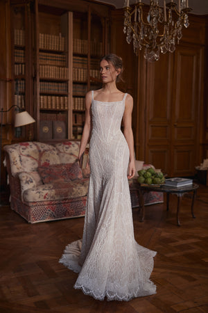 Tissaia wedding dress – a modern square neckline and low scoop back.