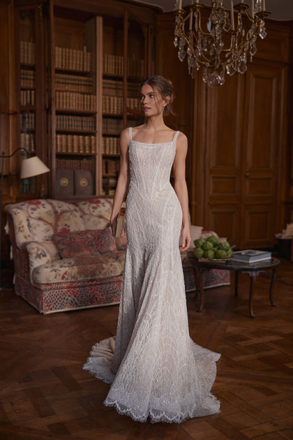 Tissaia wedding dress – a modern square neckline and low scoop back.