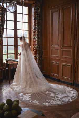 Vespera veil - long tulle veil with floral embroidery, worn with the Vespera wedding dress.