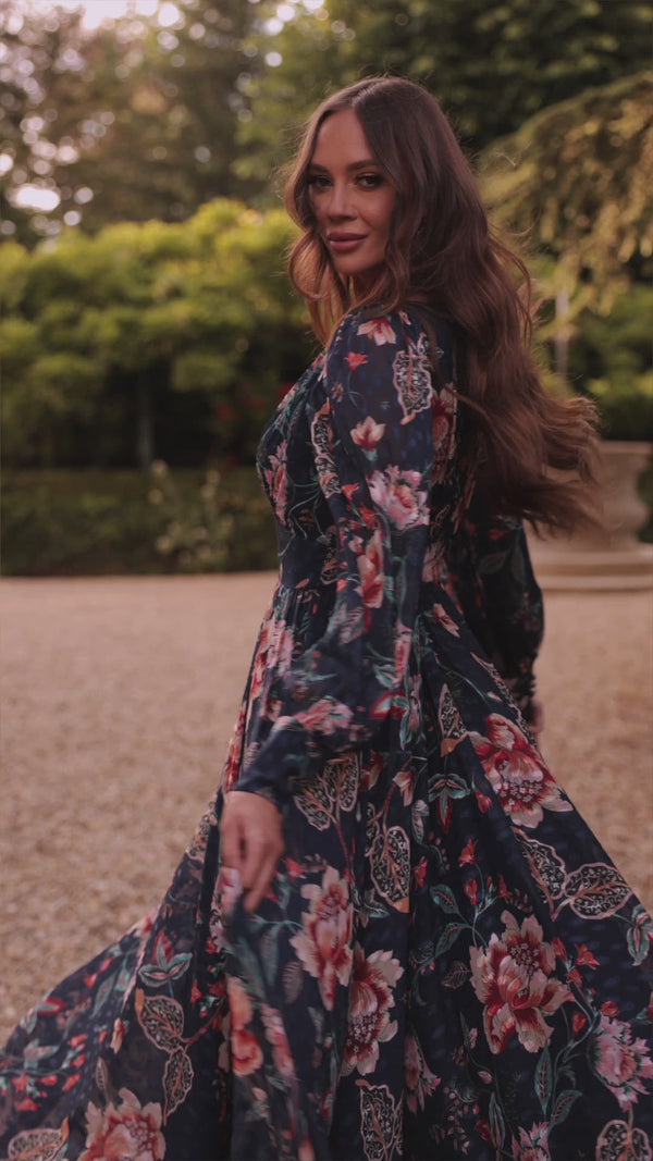 Long classic evening floral print dress Verona from DAMA Couture (campaign video)