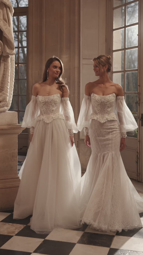 Video of the Tara corset + Tilda A-line skirt in motion – A-line silhouette with a structured Tara corset with off-the-shoulder sleeves and the Tilda A-line skirt.